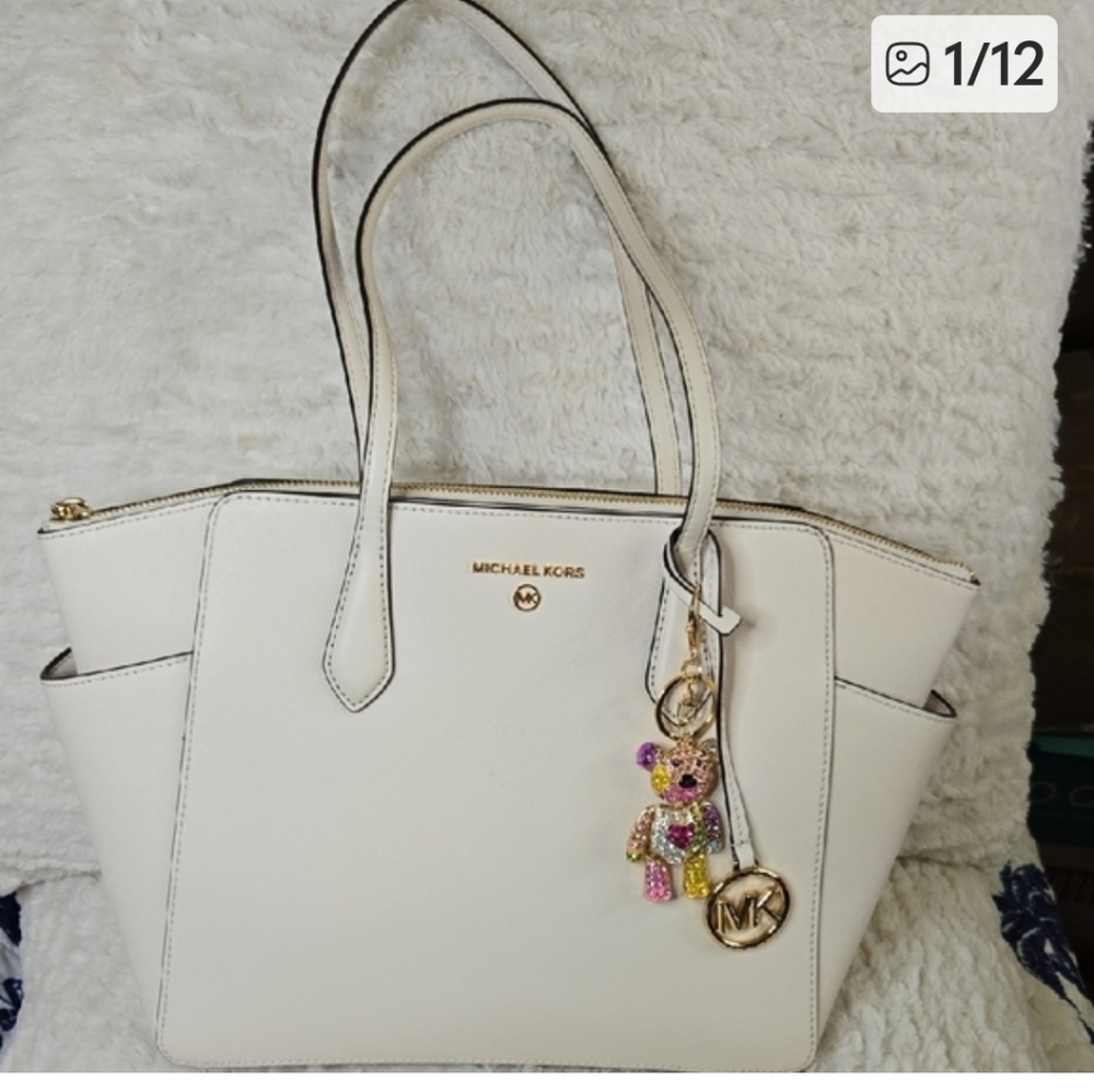 Michael Kors White Tote with Bear Charm Added EUC LIKE NEW - Picture 13 of 13
